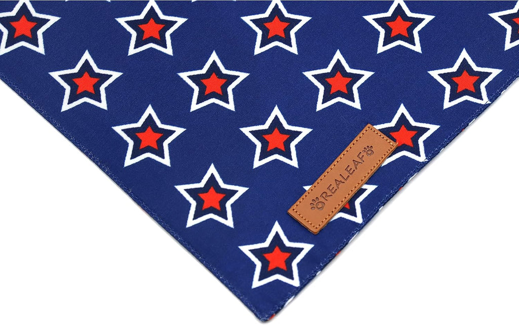 Realeaf triangle pet bandana flat view displaying the authentic brown leather logo tag.
