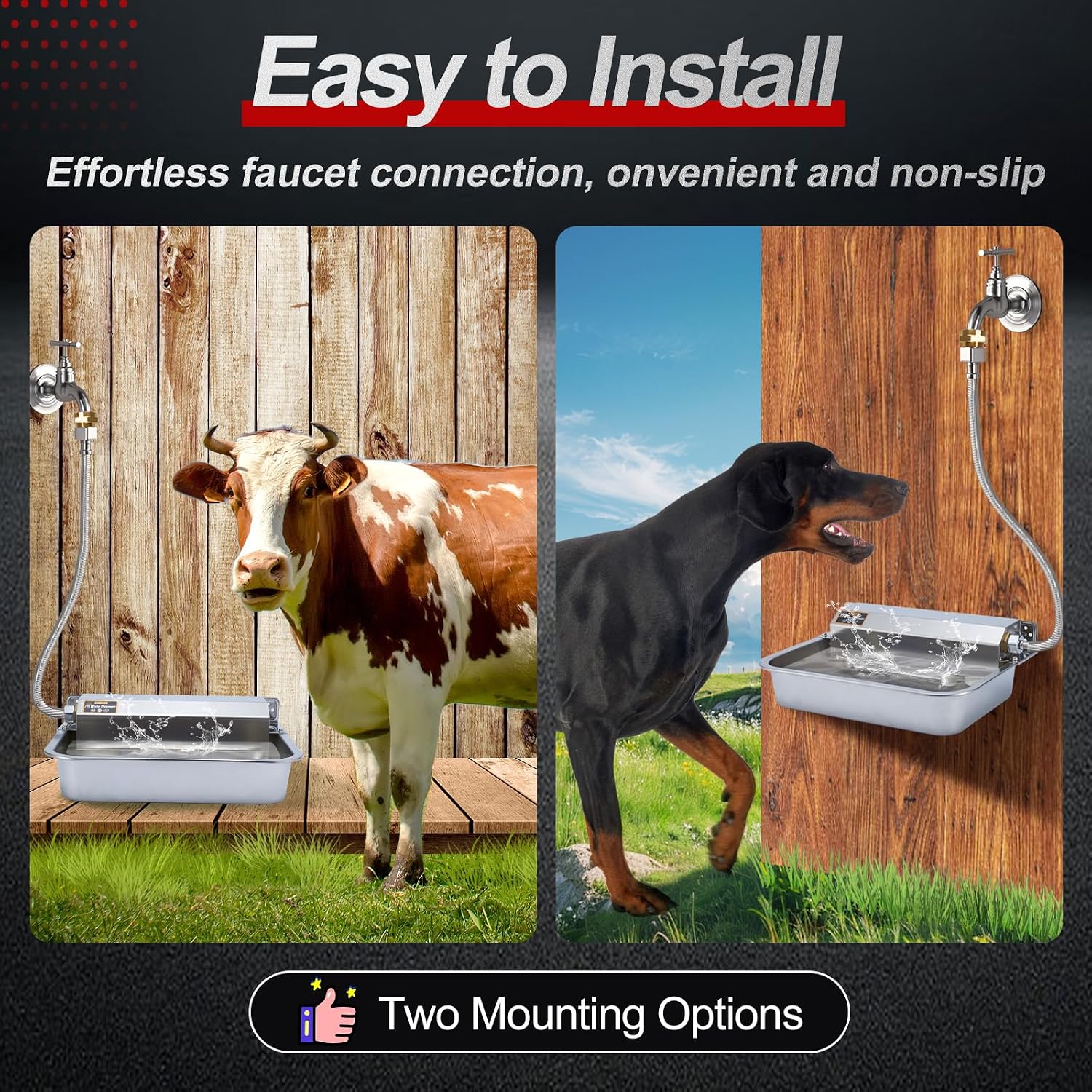 Wall mounted stainless steel automatic dog water bowl dispenser with copper connection fittings.