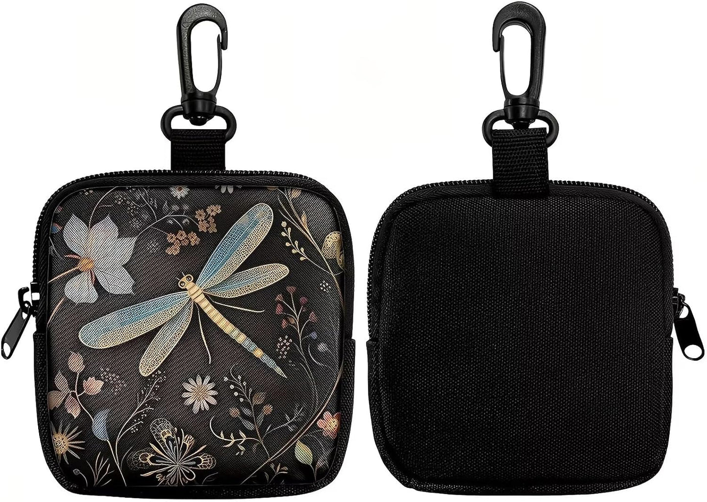 Dragonfly print pouch with zipper and carabiner