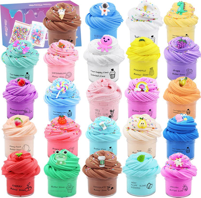 LKAXYTP 24 Pack Butter Slime Kit front view showing colorful slime jars and charms.