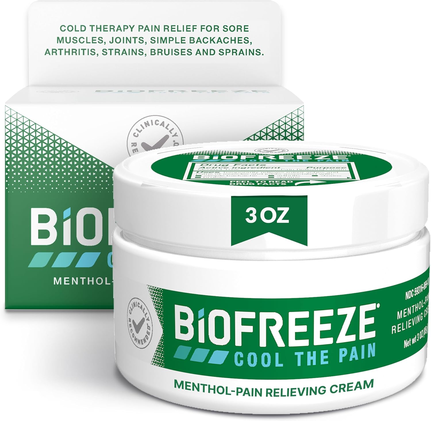 Biofreeze Pain Relief Cream Three Ounce Jar front view showing cooling menthol formula label