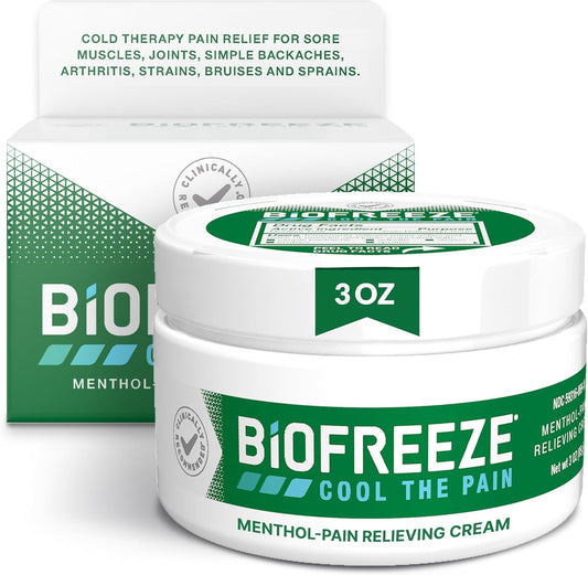 Biofreeze Pain Relief Cream Three Ounce Jar front view showing cooling menthol formula label
