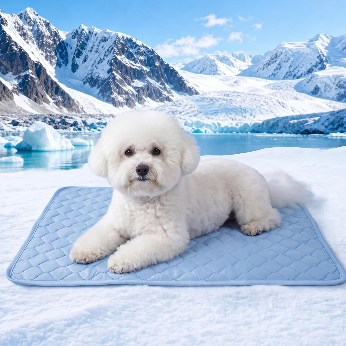 PatiencET Dog Cooling Mat front view of blue ice silk pet pad