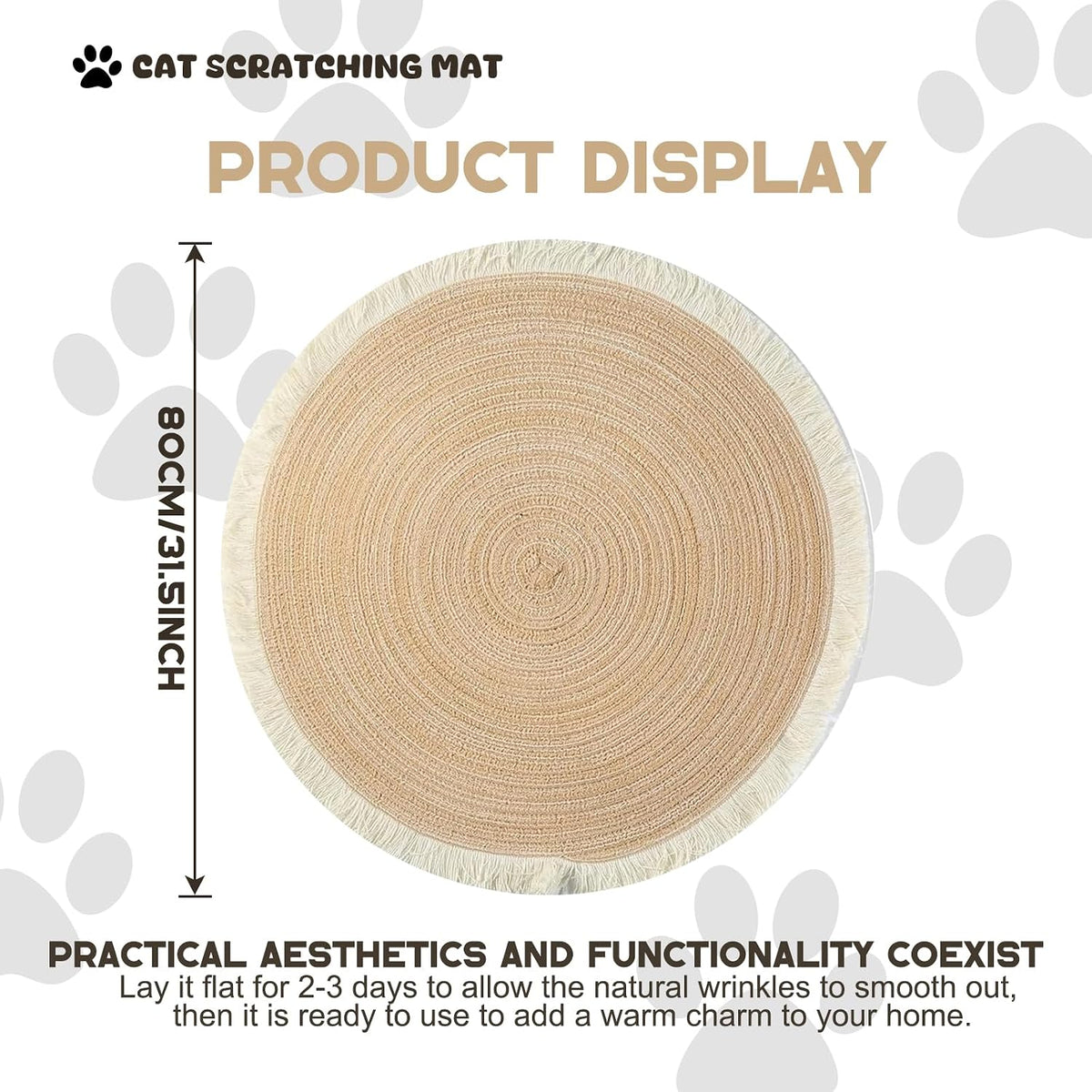 Golden British Shorthair kitten sitting on round boho cat rug