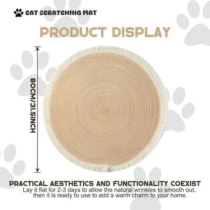 Golden British Shorthair kitten sitting on round boho cat rug
