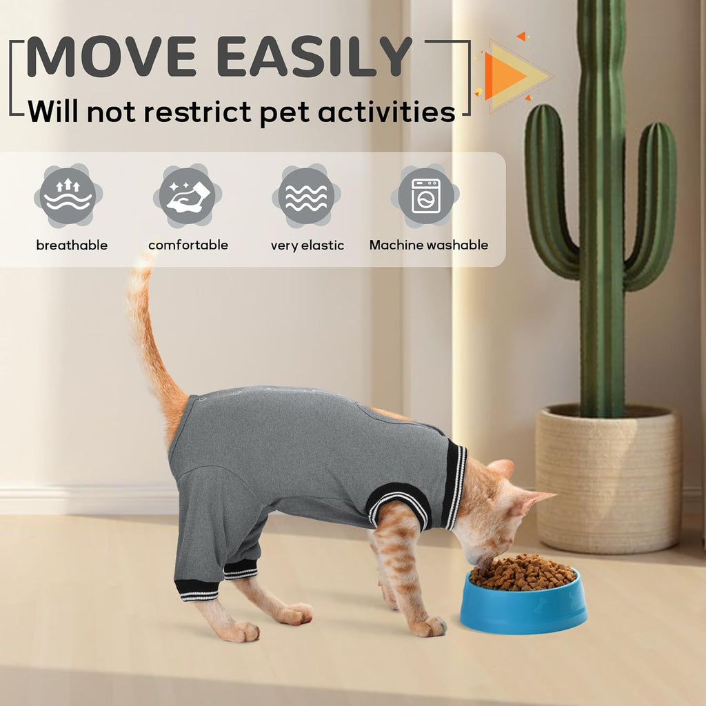 Grey surgical spay suit for cats with back snap button closure