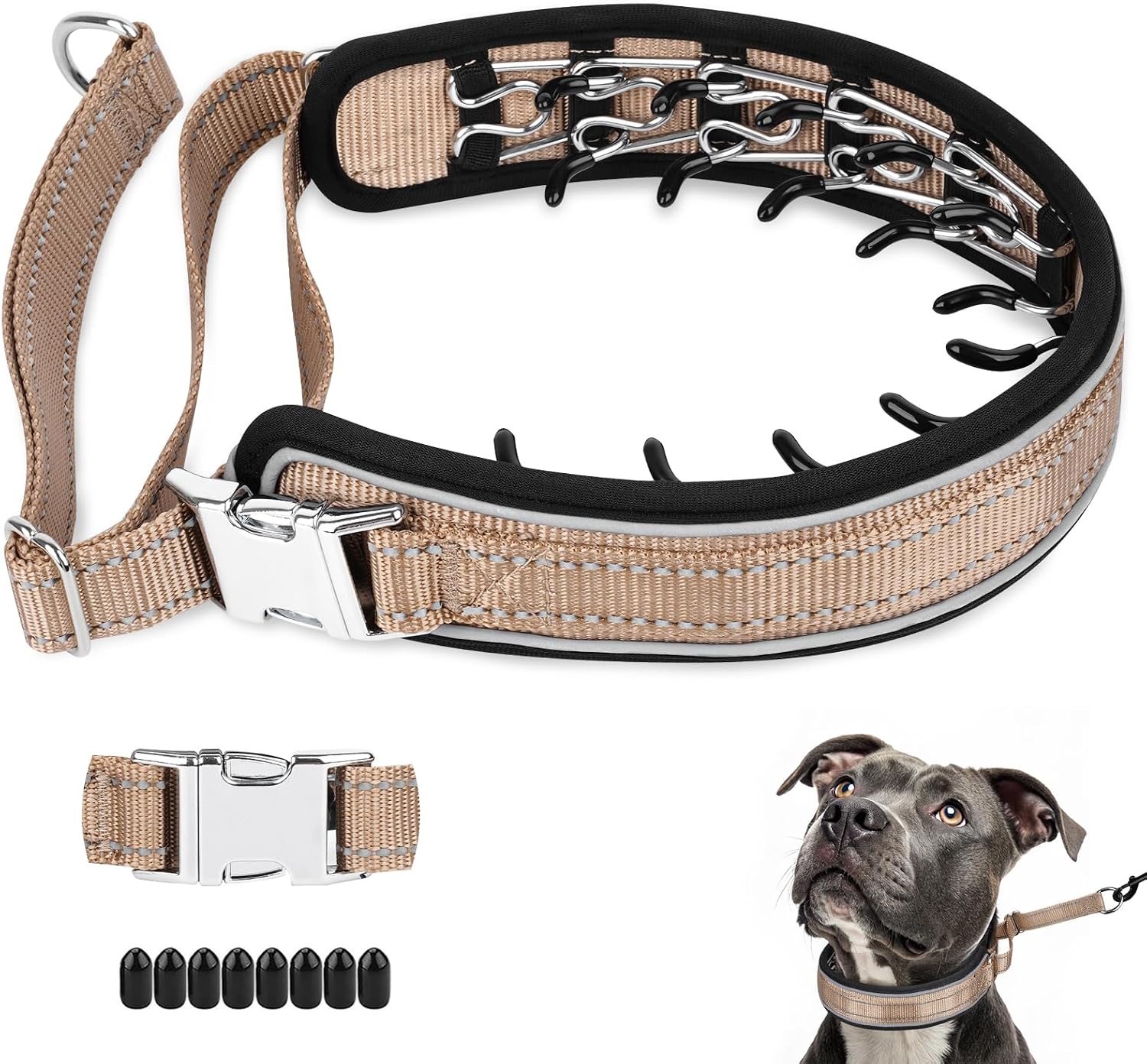 Mayerzon patented covered dog walking collar layout with all eight components detailed.