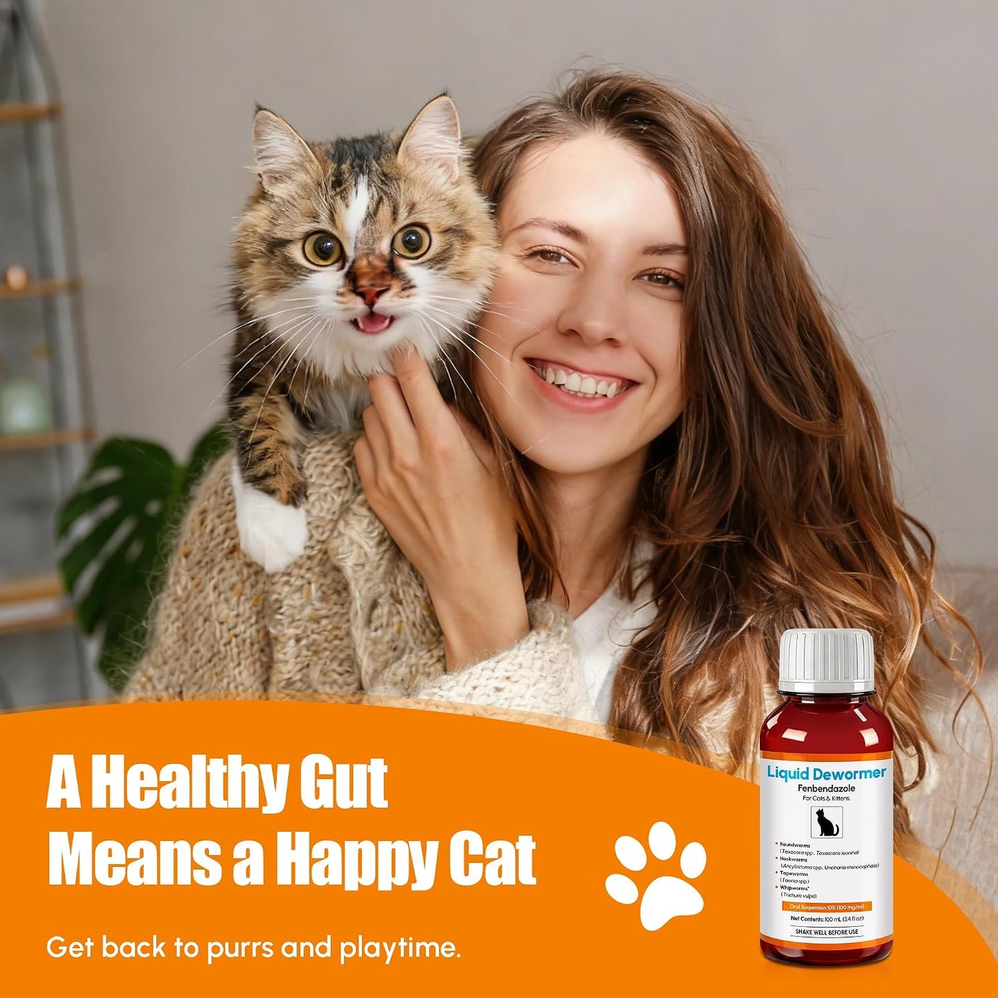 Feline roundworm and hookworm treatment liquid bottle on white background