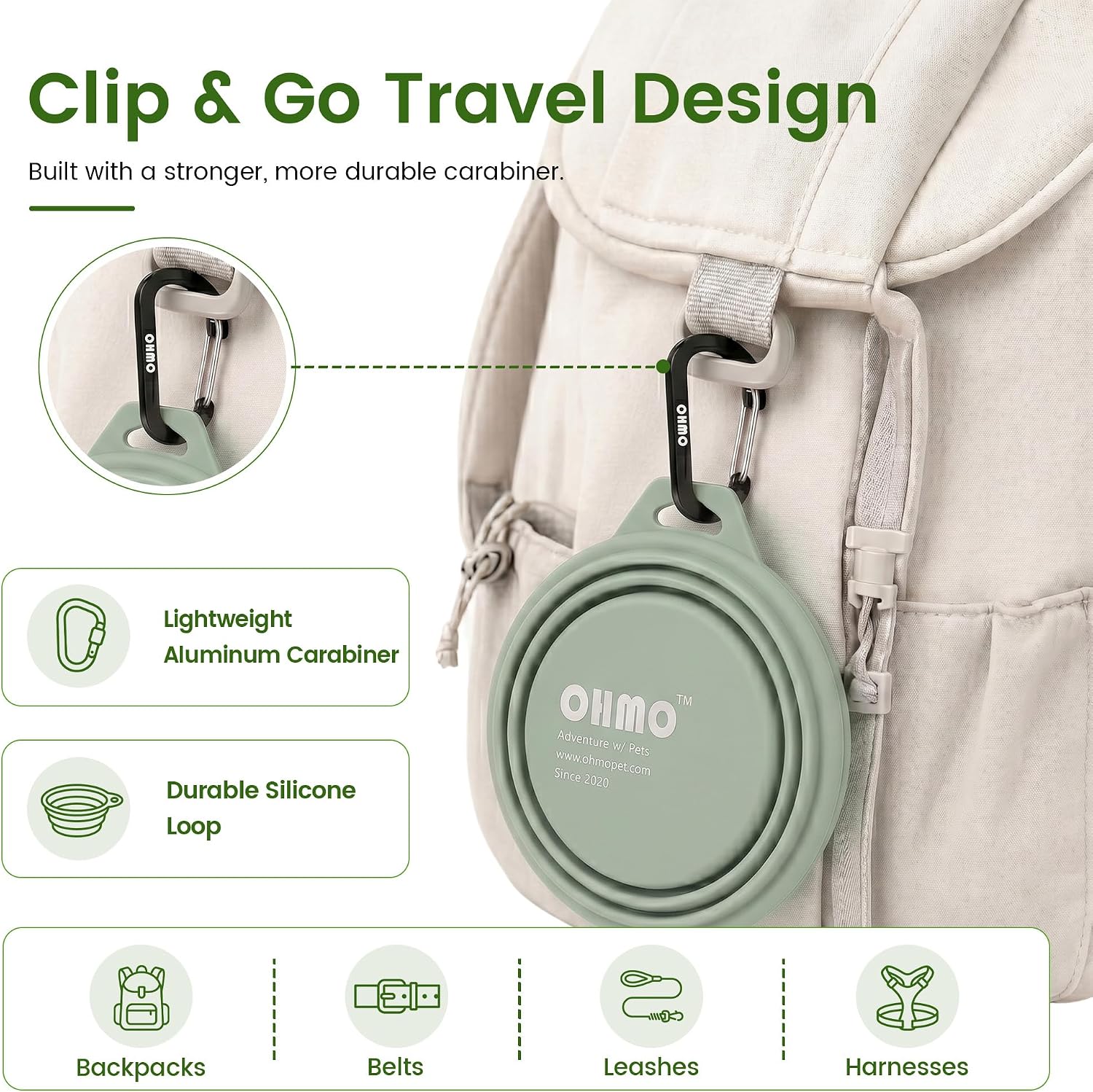 OHMO travel dog bowl filled with water for outdoor hiking