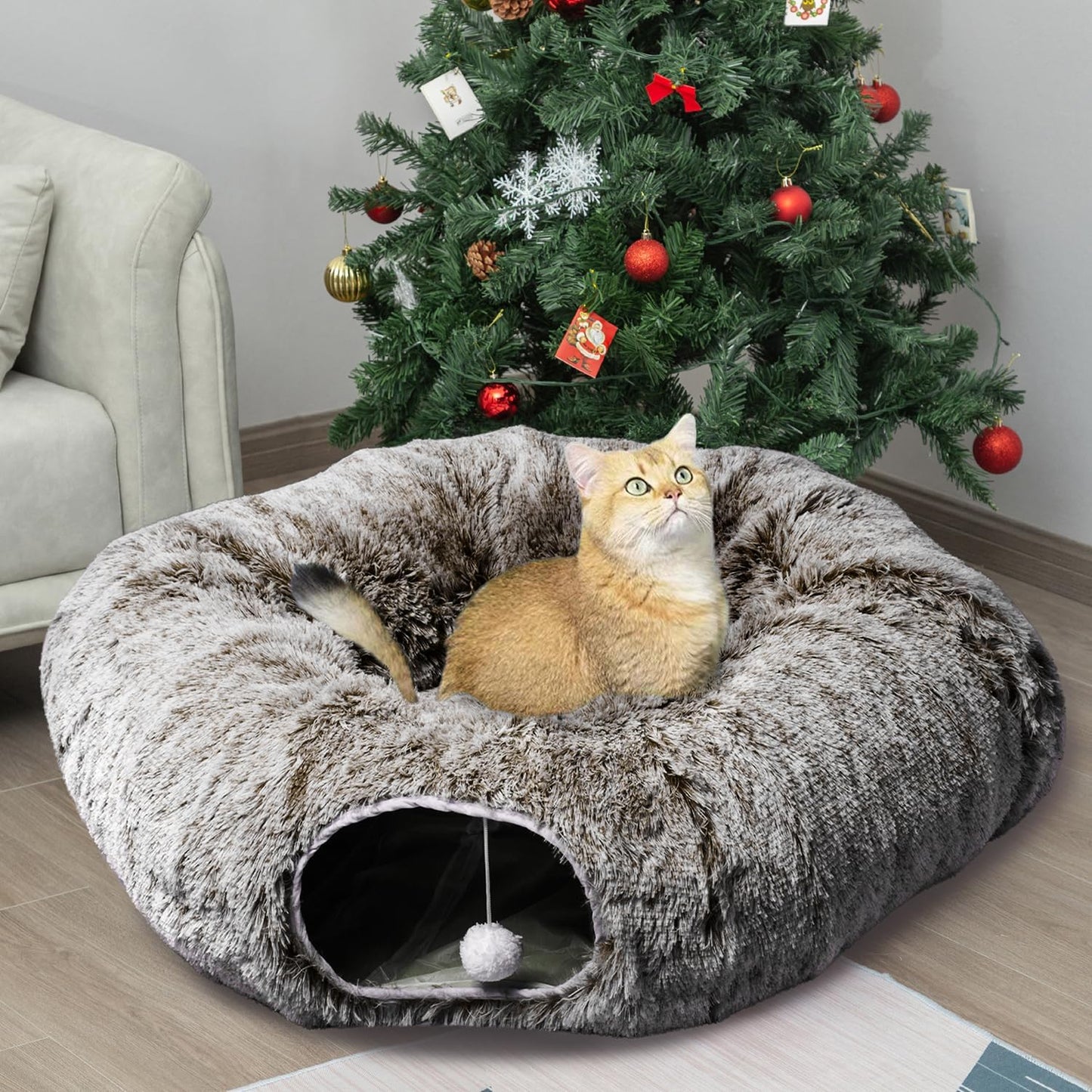 AUOON Cat Tunnel Bed for Indoor Cats - Large Cat Donut Tunnel with Hanging Ball Toy, Collapsible 2-in-1 Multifunctional Interactive Cat Toy for Kitten, Puppy, Rabbit, Ferret (Light Grey) - Image 10