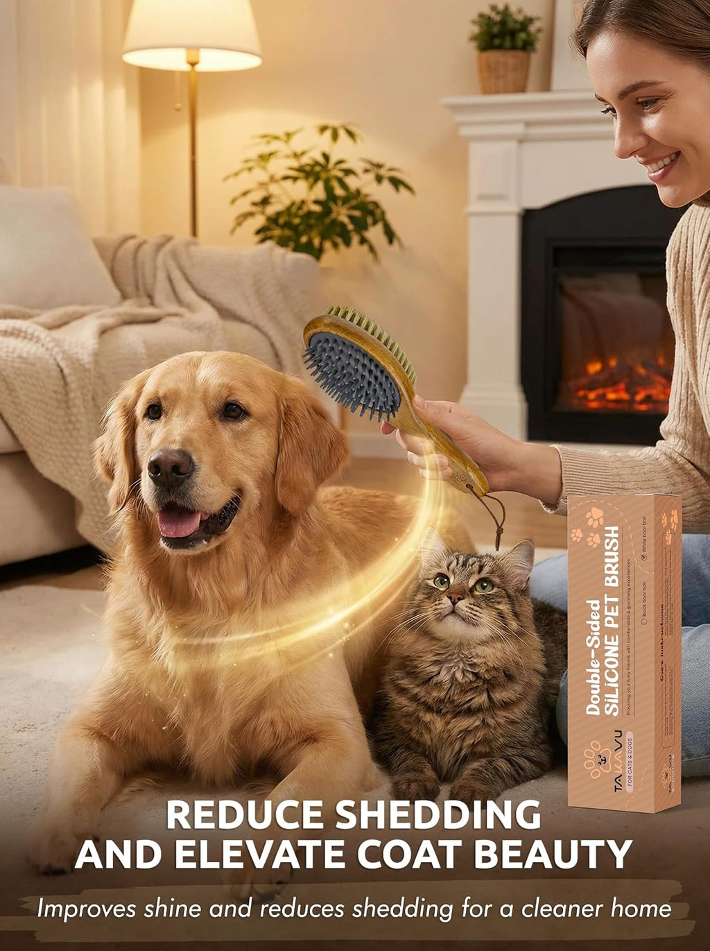 TAKAVU cat and dog deshedding tool showing loose fur removal efficiency