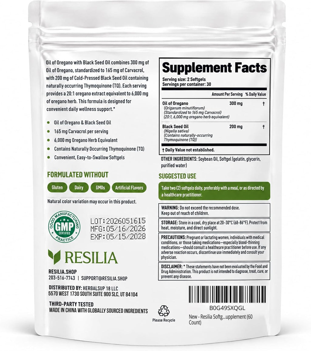 Resilia Softgels with Black Seed Oil - Premium Grade Oregano Oil Capsules for Immune & Digestive Support - Gluten-Free Softgels - Natural Herbal Wellness Supplement (60 Count) - Image 2