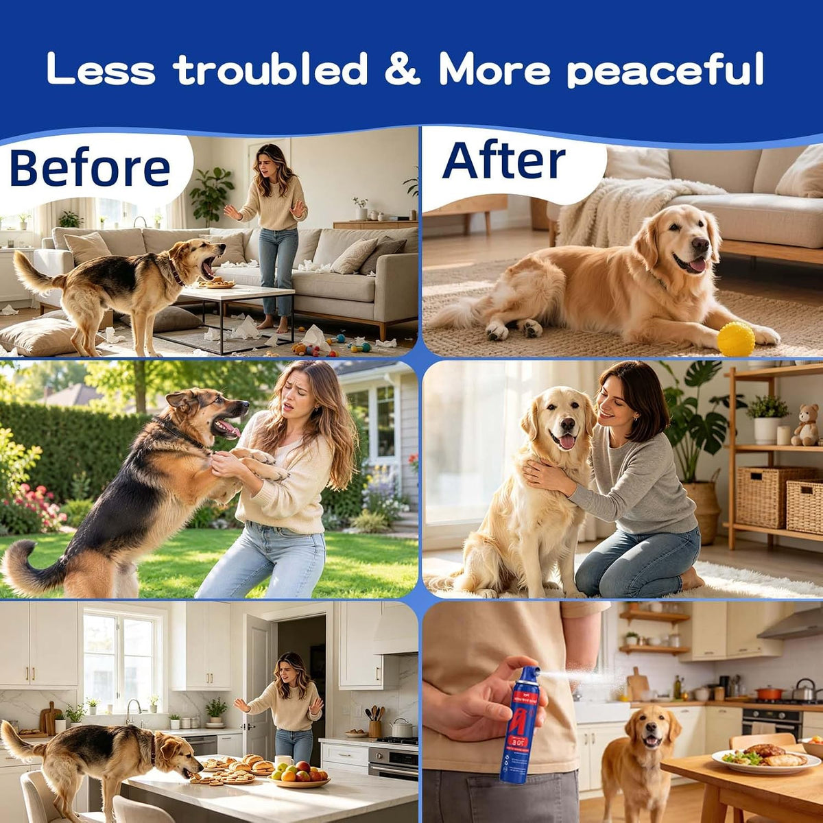 Pet owner using Ansjdh corrector spray to train a dog