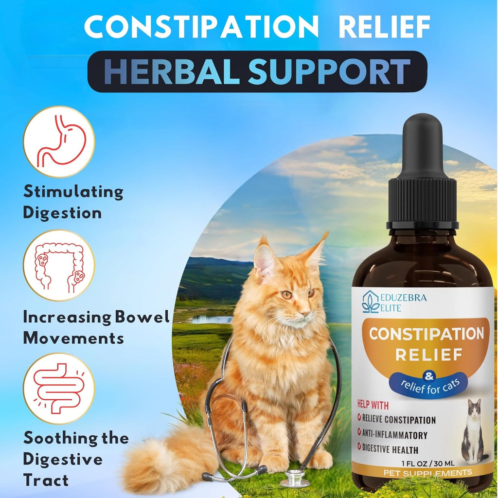 Eduzebra cat laxative tincture packaging showing natural stool softener ingredients.