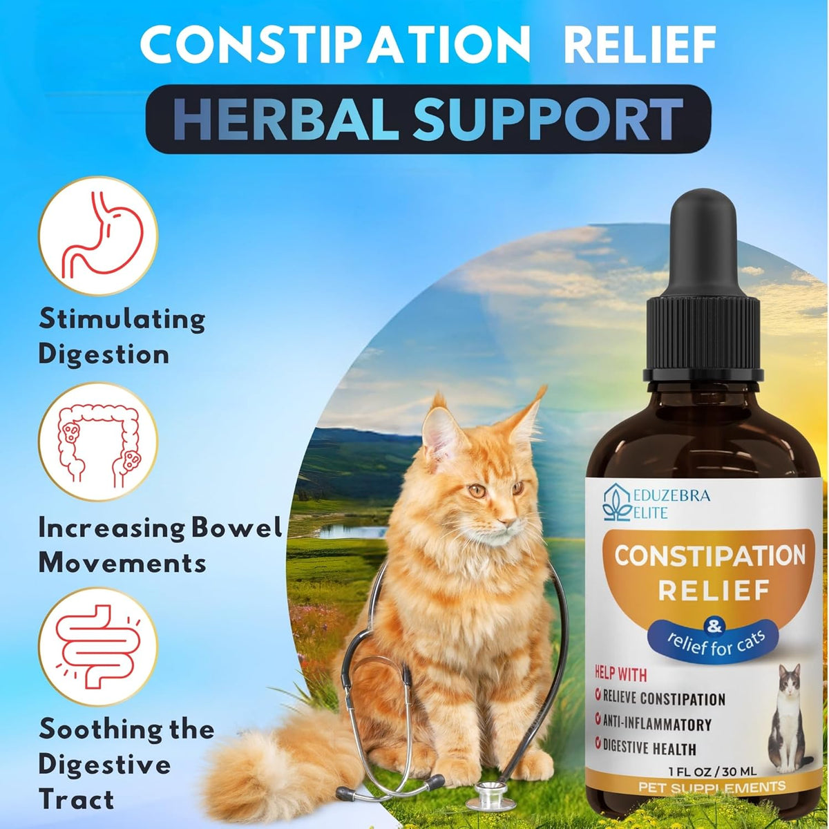 Eduzebra cat laxative tincture packaging showing natural stool softener ingredients.