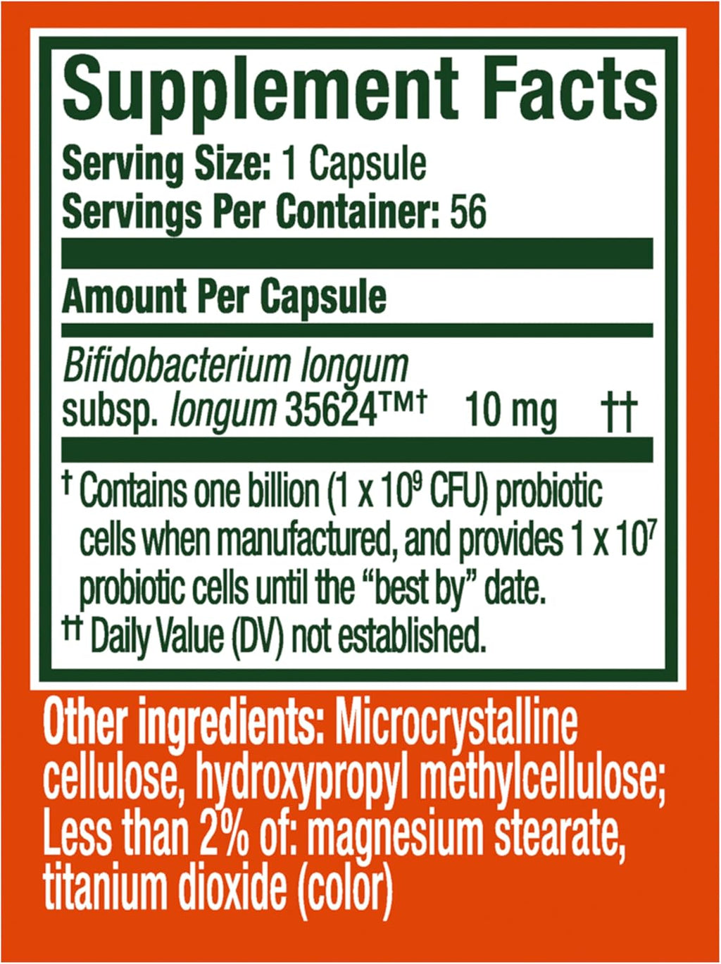 Align Probiotic 56 count box back panel details