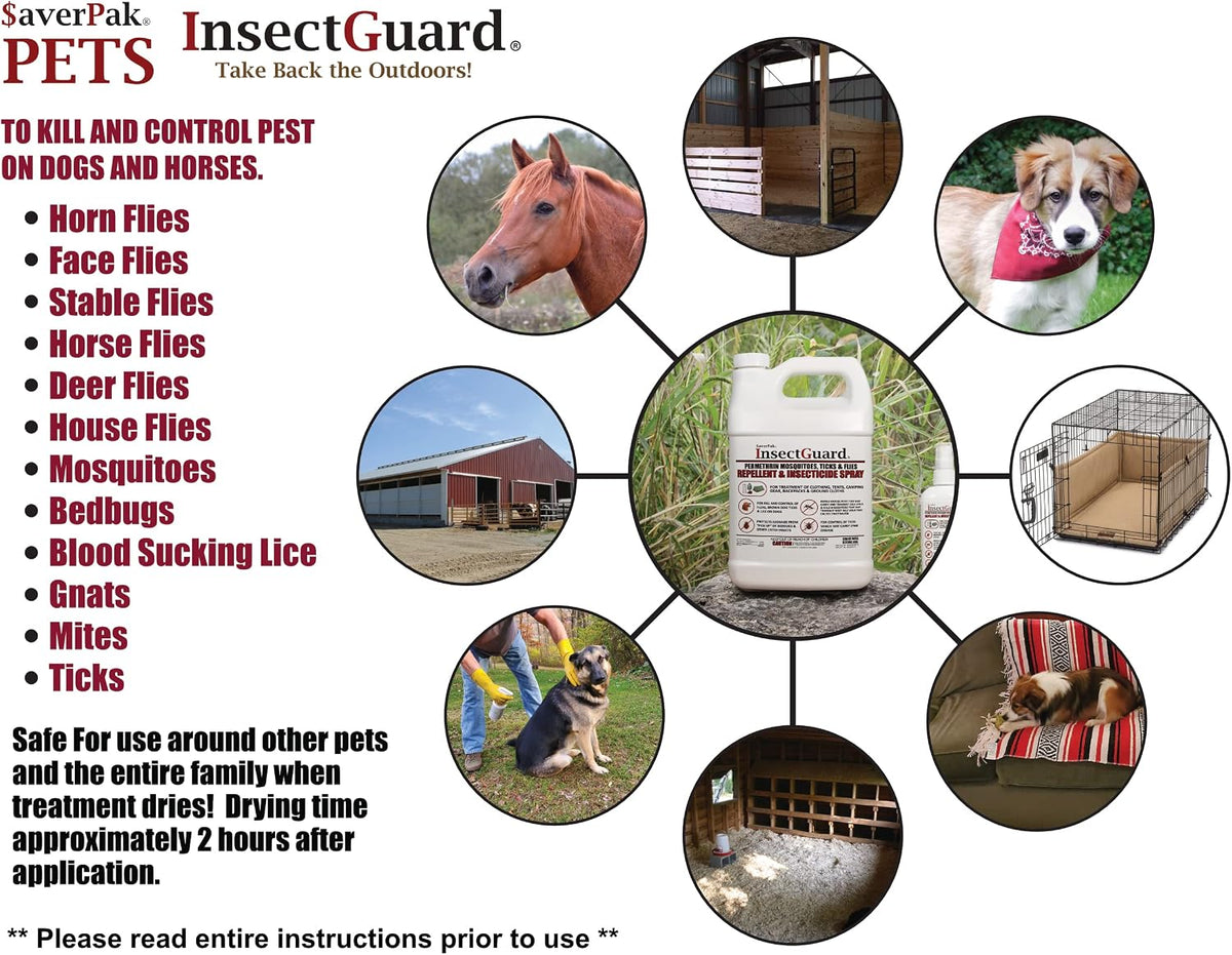 SaverPak InsectGuard Permethrin 0.5 percent spray side panel showing ingredient breakdown and cautionary statements.