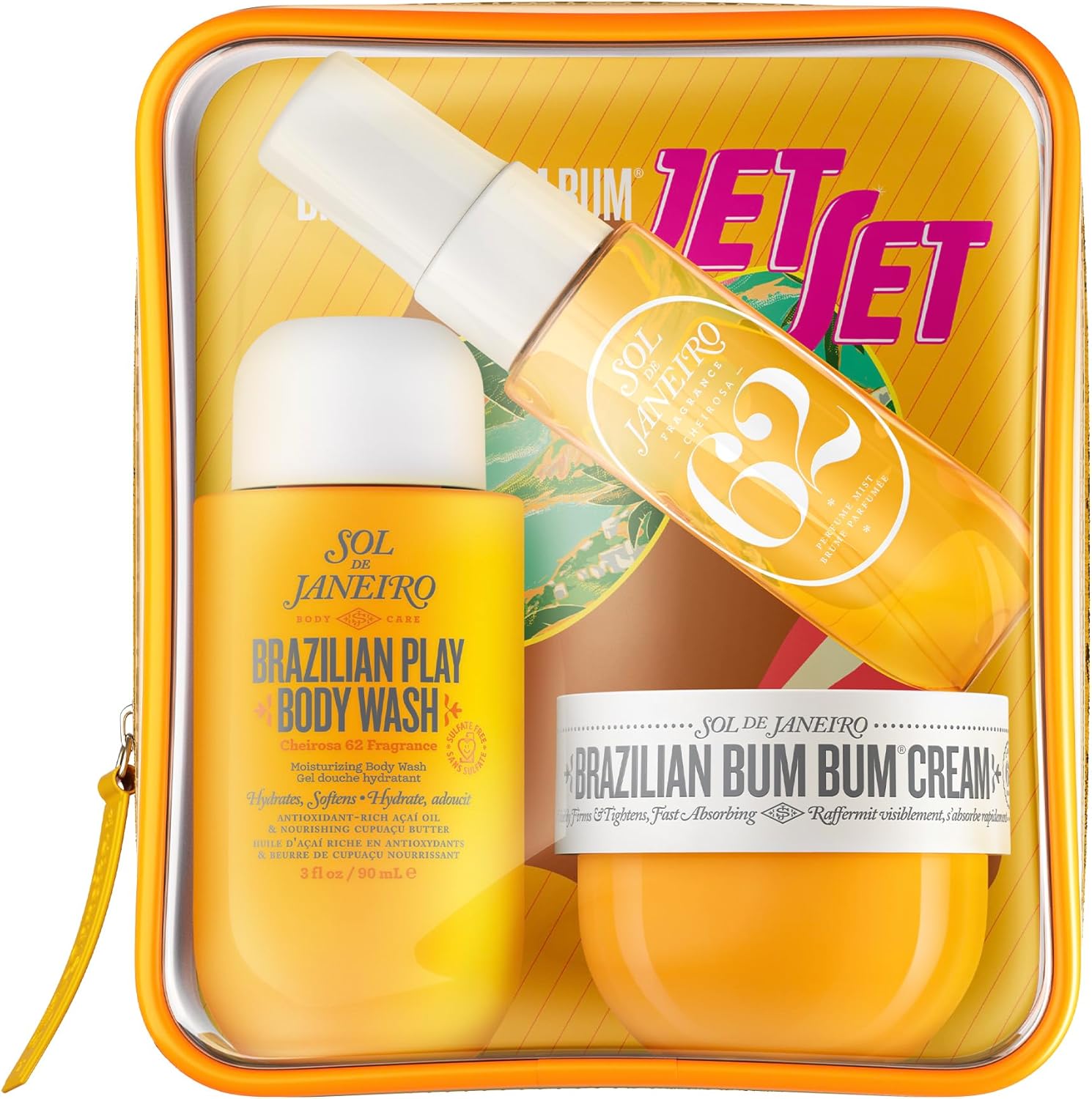 Sol de Janeiro Bum Bum Summer Jet Set front view of travel pouch showing three body care products