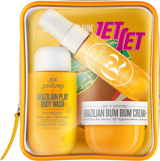 Sol de Janeiro Bum Bum Summer Jet Set front view of travel pouch showing three body care products