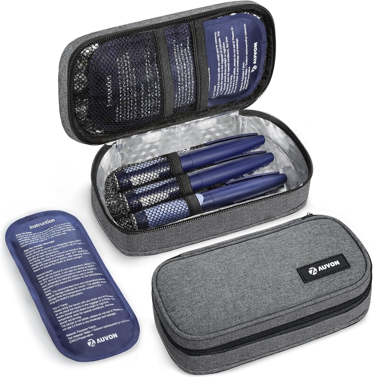AUVON portable insulin cooler travel case front view gray insulated diabetic bag