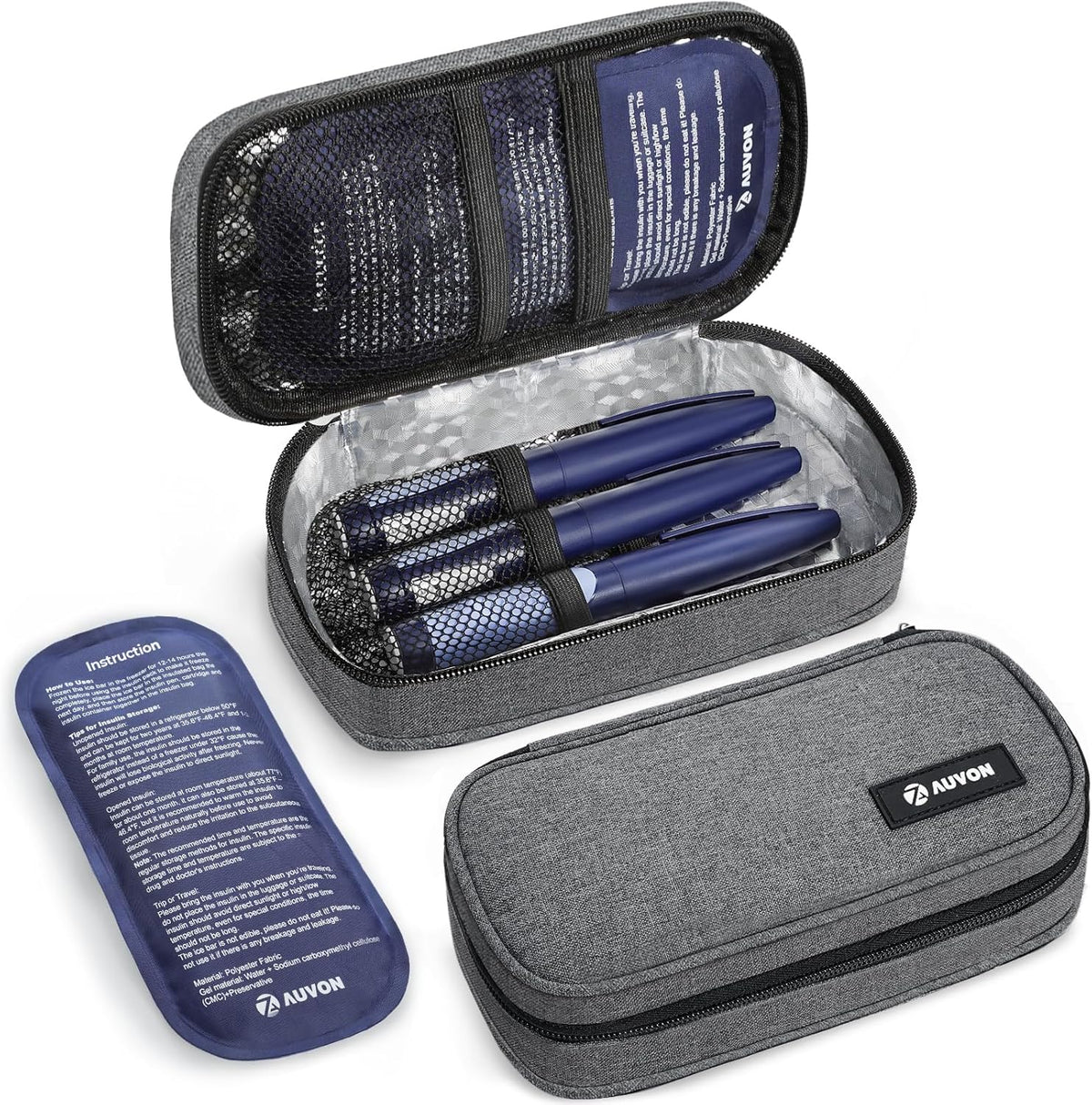 AUVON portable insulin cooler travel case front view gray insulated diabetic bag