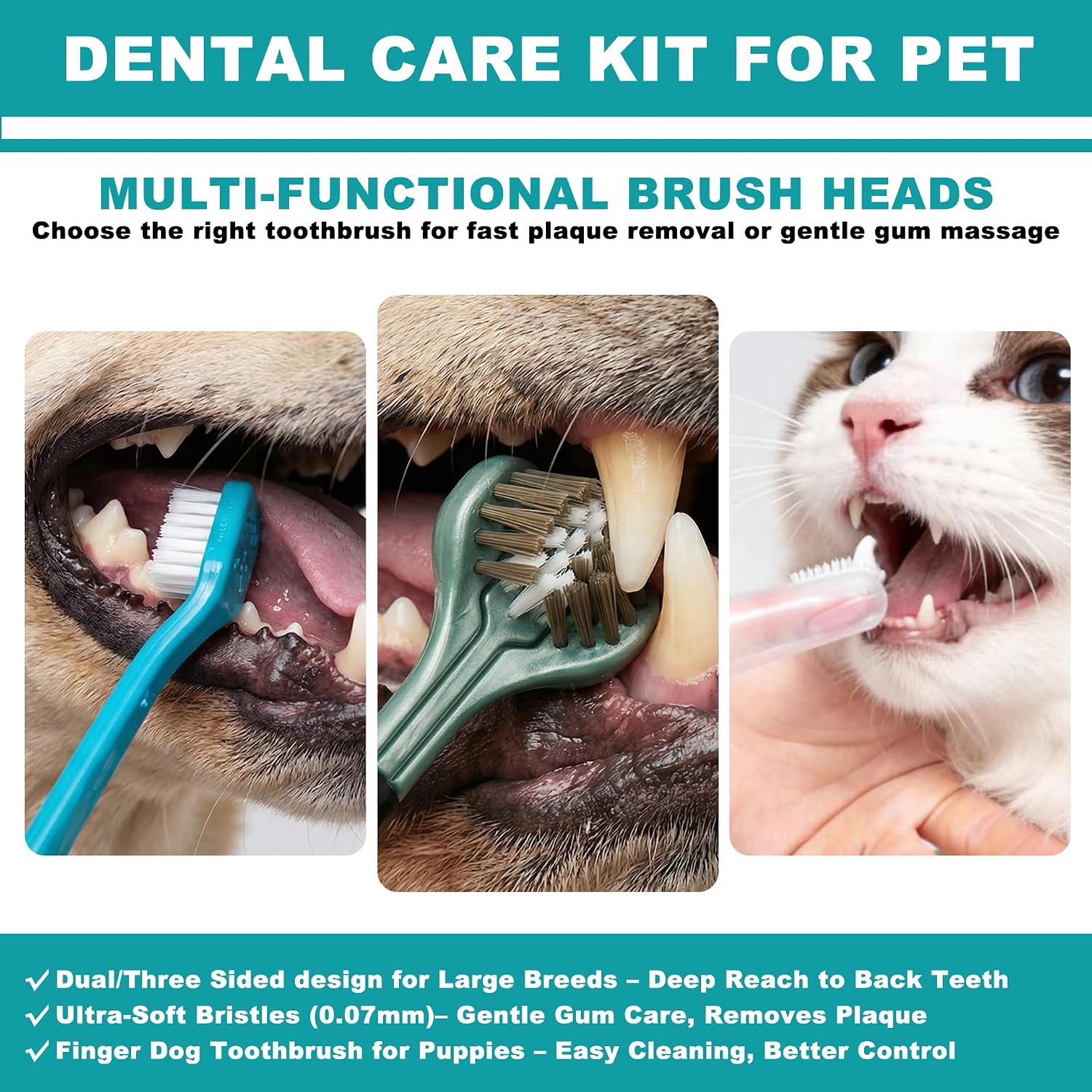 Three-sided dog toothbrush for effective plaque removal