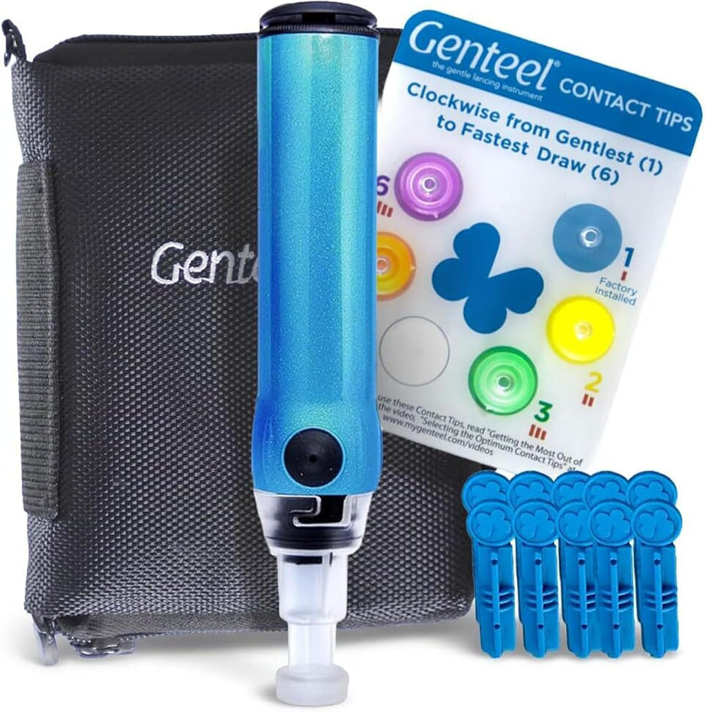 Genteel Plus vacuum lancing device butterfly blue front view for painless diabetes blood testing