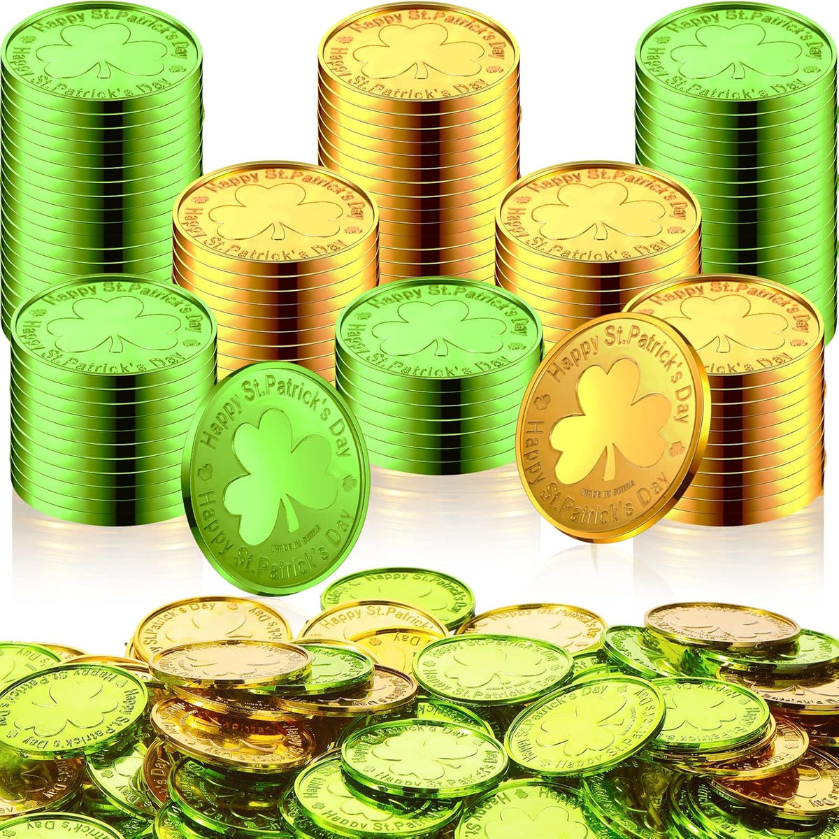 Civaner Saint Patrick's Day Shamrock Coins front view showcasing gold and green plastic tokens.