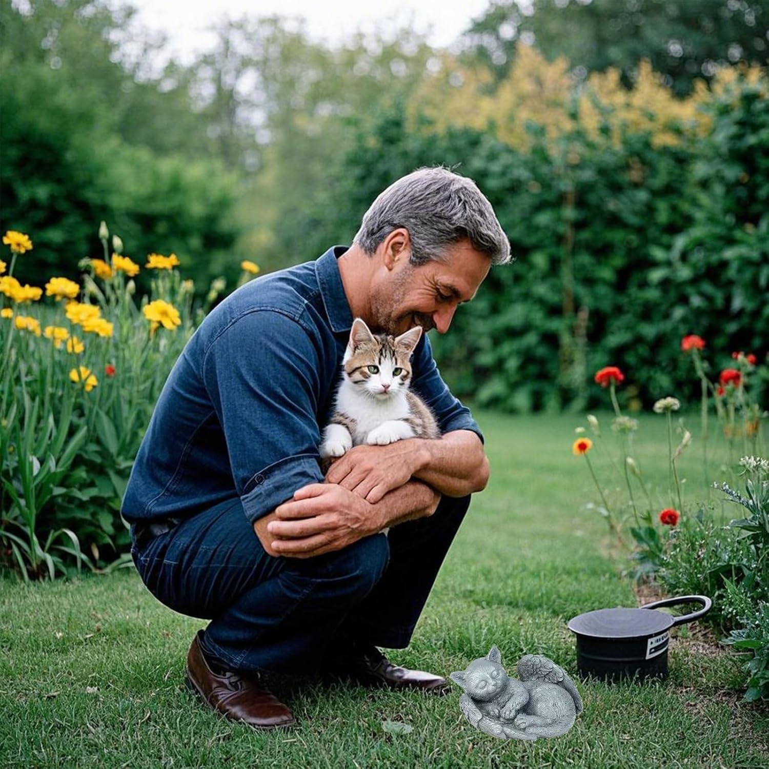 Side profile of authentic Pure Garden gray kitten statue showing texture details