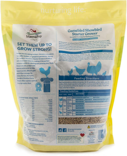 Manna Pro poultry feed bag showing 24 percent protein label