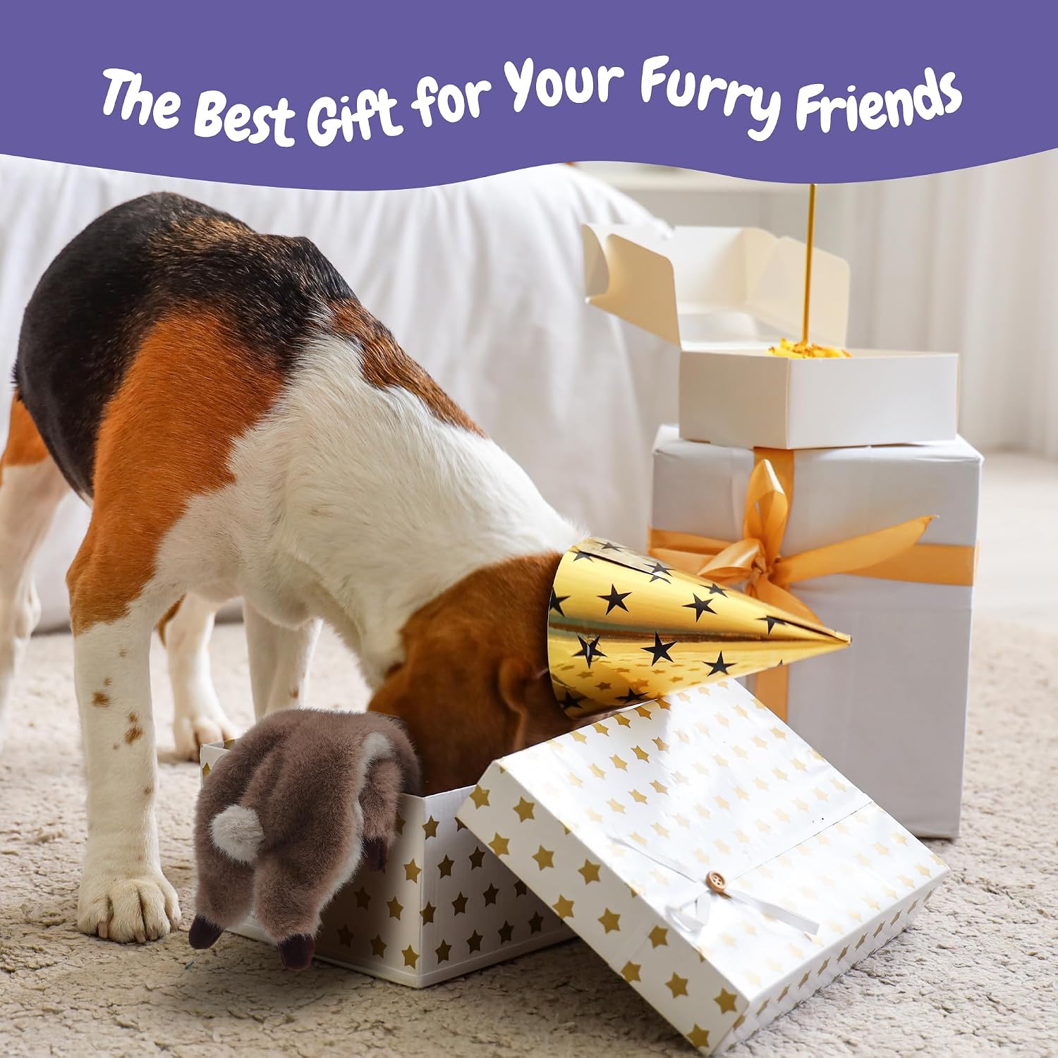 Dog engaging in tug-of-war with Fuzzwoof bunny toy
