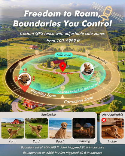Rechargeable invisible dog fence transmitter interface showcasing adjustable range up to 9999 feet.
