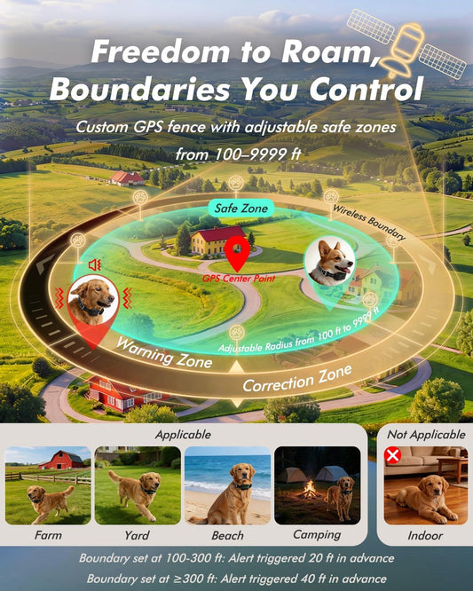 Rechargeable invisible dog fence transmitter interface showcasing adjustable range up to 9999 feet.