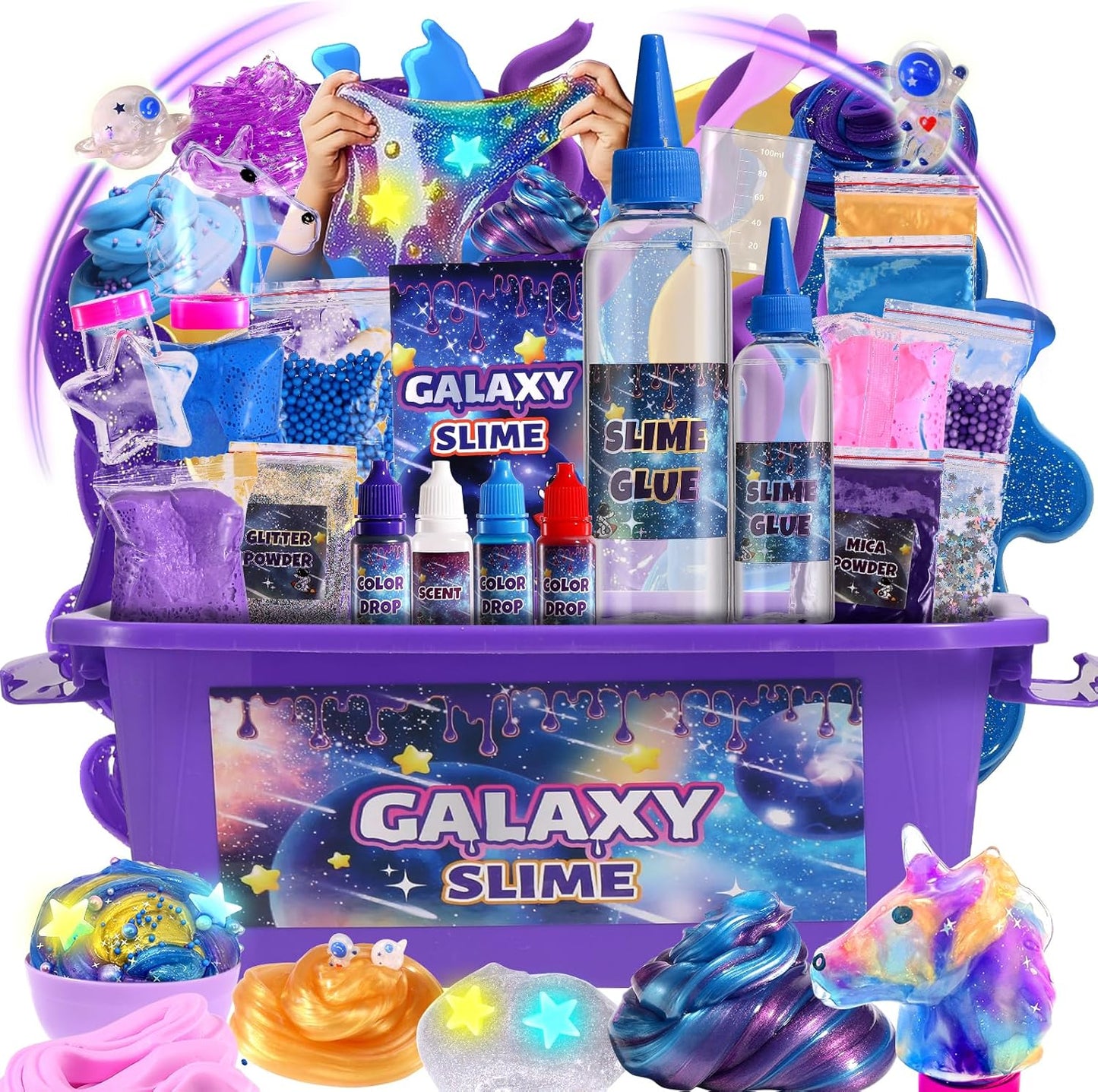 LPFEZRS mini galaxy slime kit front view showing cosmic packaging and blue butter slime container