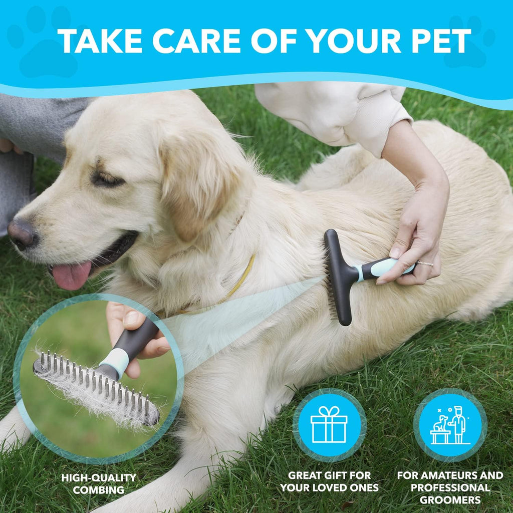 Blue Dogi deshedding brush next to a pet for scale
