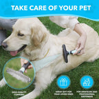 Blue Dogi deshedding brush next to a pet for scale