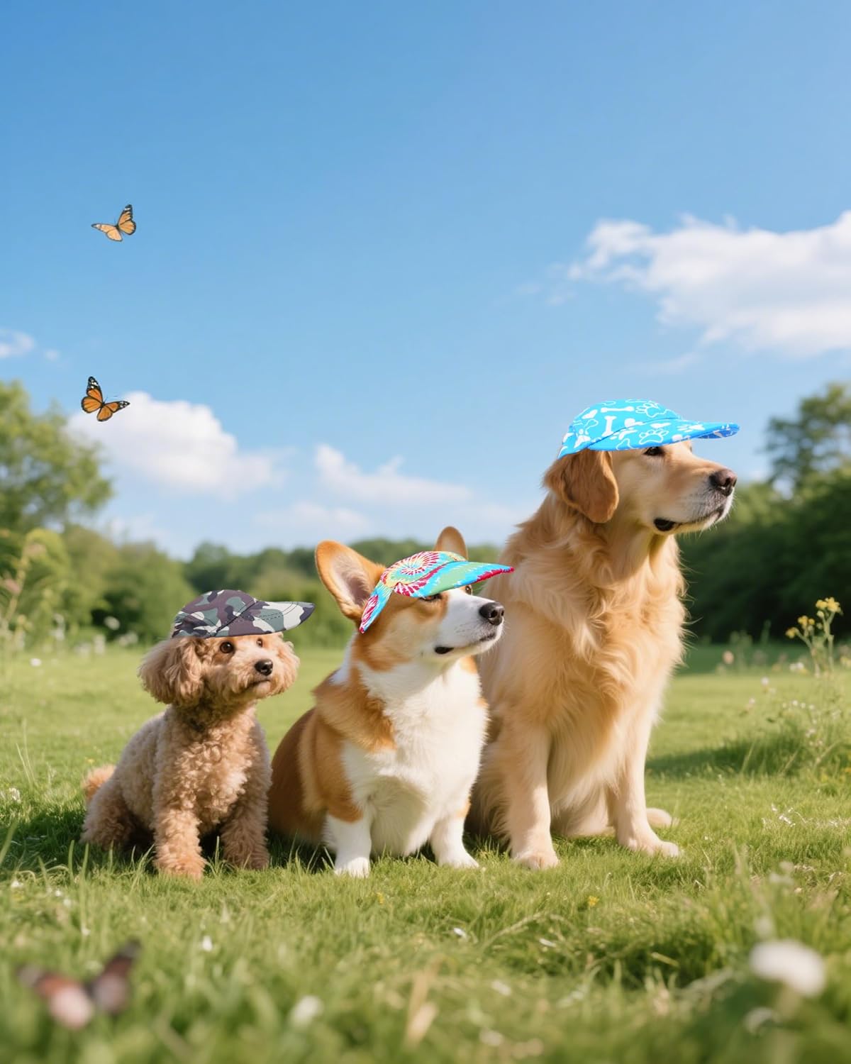 Lifestyle shot of puppy wearing camouflage hat