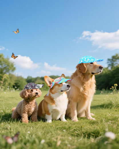 Lifestyle shot of puppy wearing camouflage hat