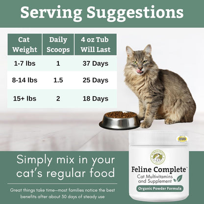 Wholistic Pet Organics Feline Complete jar next to a cat