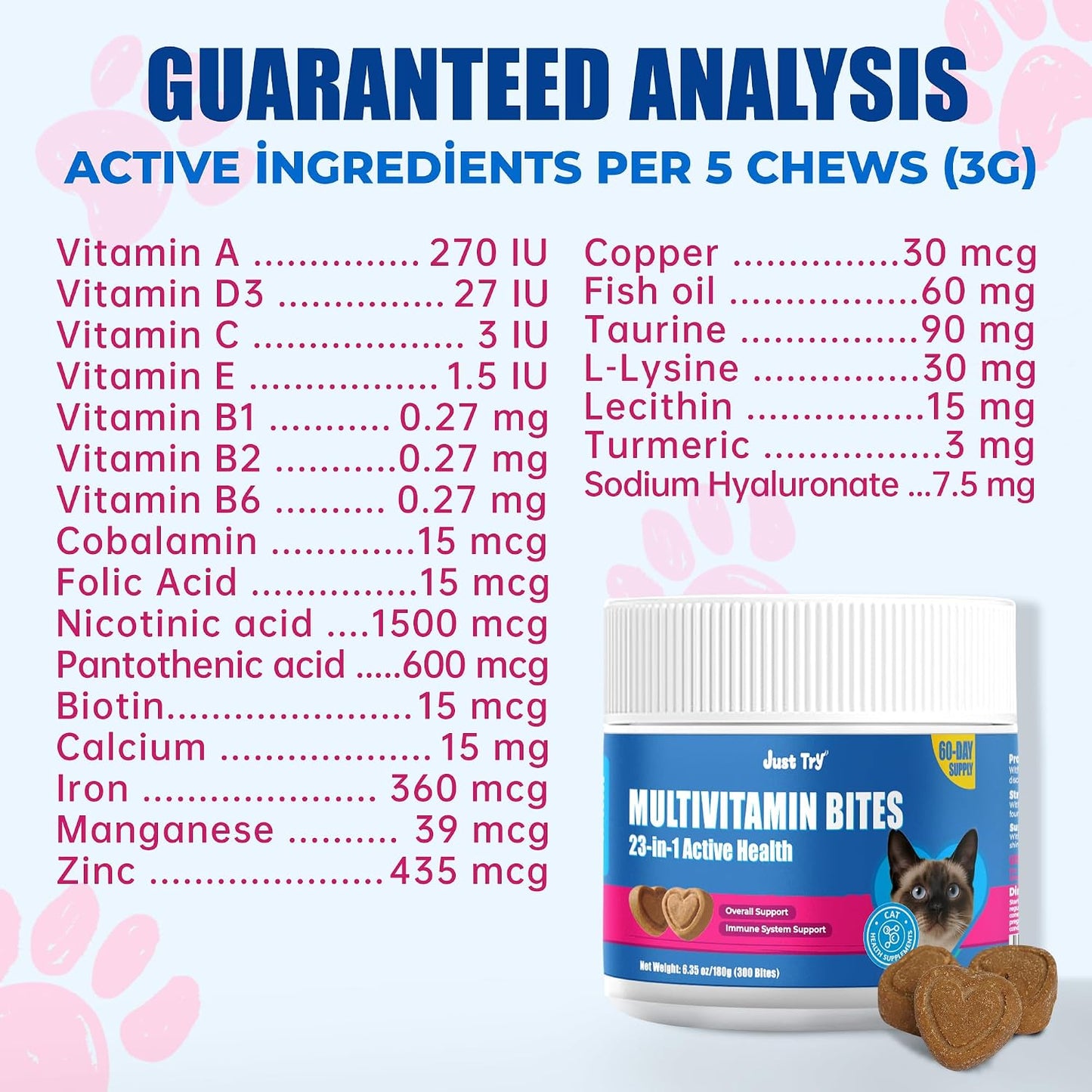 Just Try 300 count cat health supplement packaging for heart and vision support.