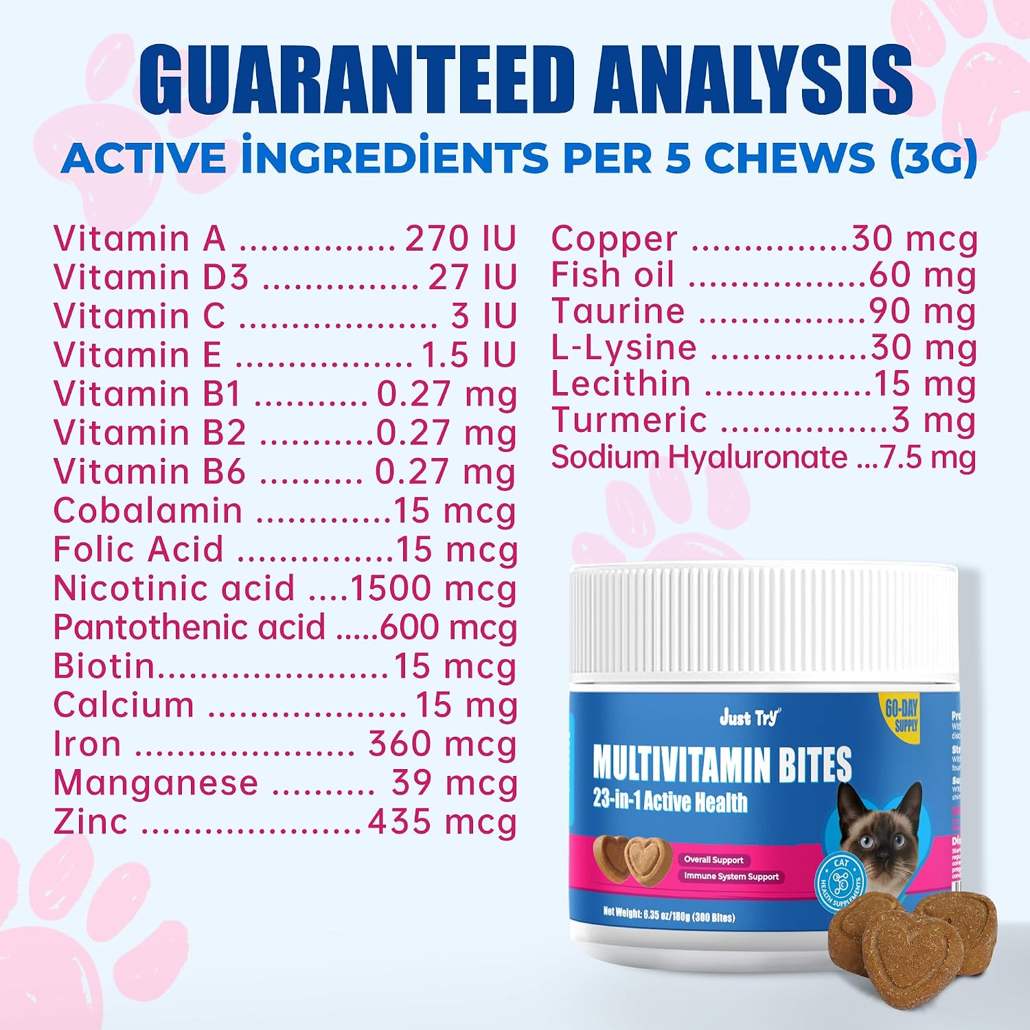 Just Try 300 count cat health supplement packaging for heart and vision support.