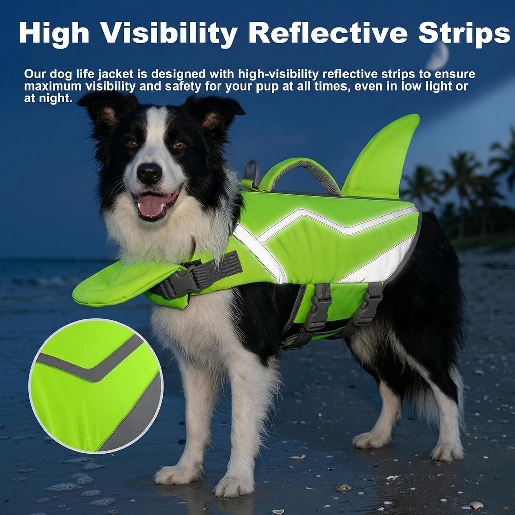 Doglay bright green shark fin dog vest illustrating snug adjustable strap system.