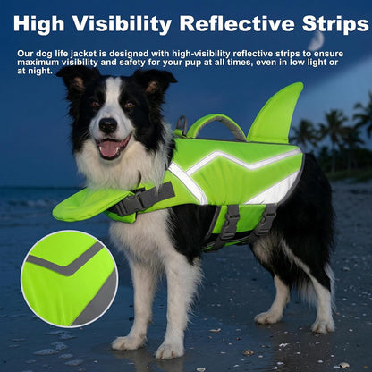 Doglay bright green shark fin dog vest illustrating snug adjustable strap system.
