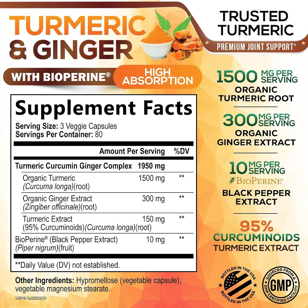 Turmeric Curcumin Supplement - 95% Curcuminoids with Organic Turmeric & Ginger, BioPerine Black Pepper Extract for Best Absorption, Natural Vegan Joint Support, Non-GMO, Bottled in USA - 240 Capsules - Image 2