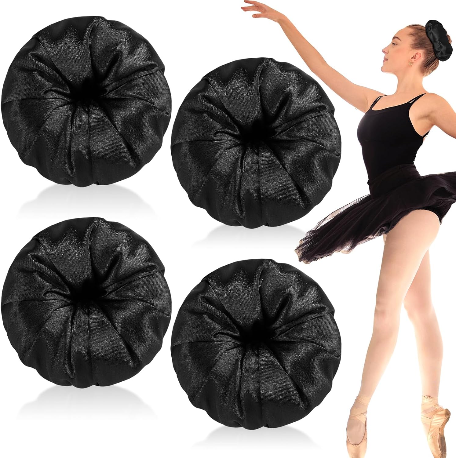 Yuxung satin hair bun donut maker front view pack of four black styling accessories.