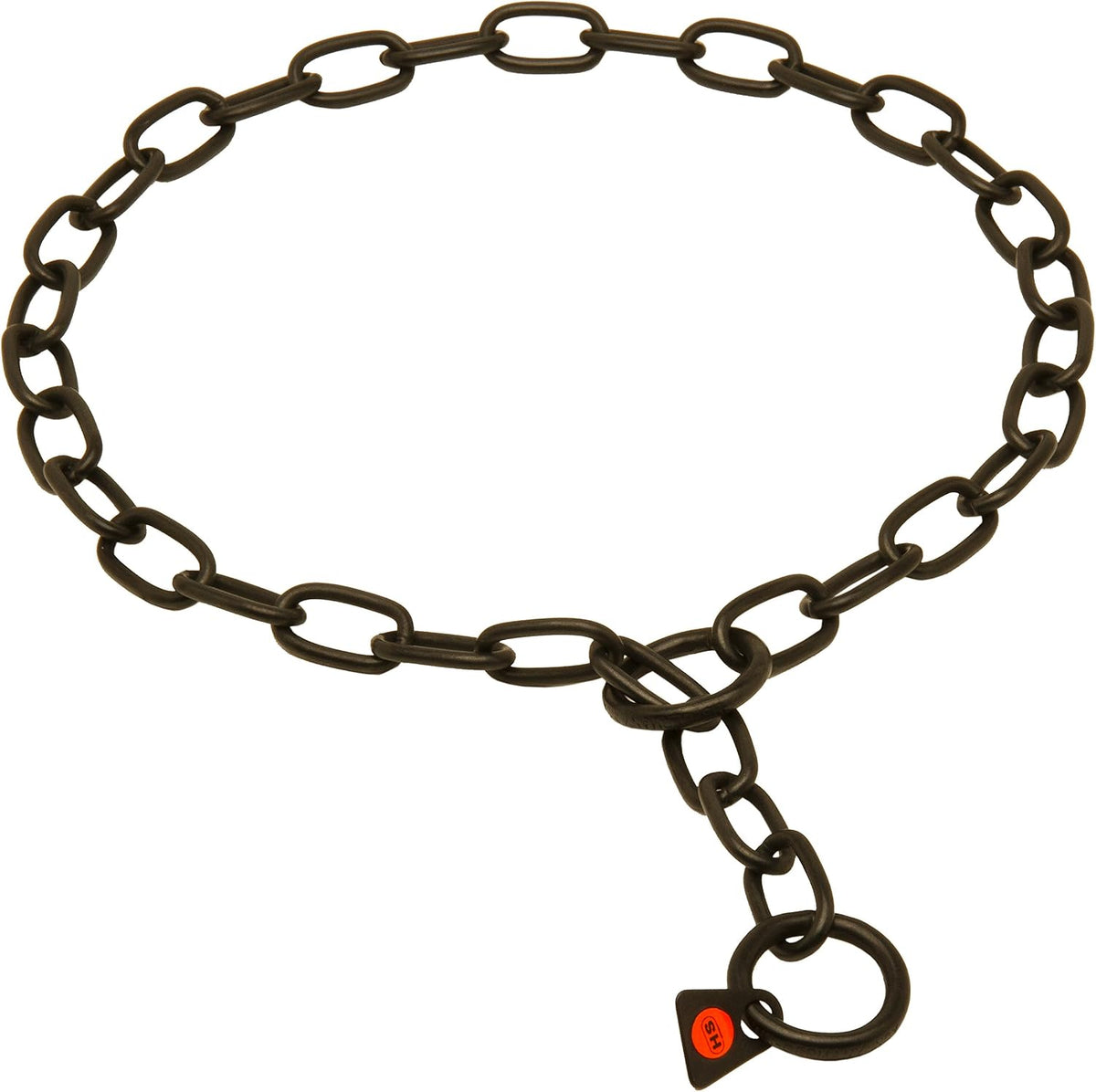 Herm Sprenger black chain dog collar with long links for coat protection close up view