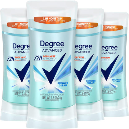 Degree Advanced Antiperspirant Deodorant Shower Clean four pack front view for sweat control