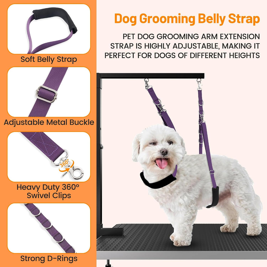 Purple dog grooming loop kit showing adjustable straps and D-ring extension links.