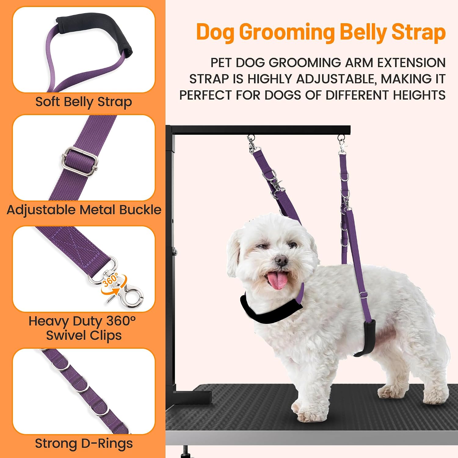 Purple dog grooming loop kit showing adjustable straps and D-ring extension links.