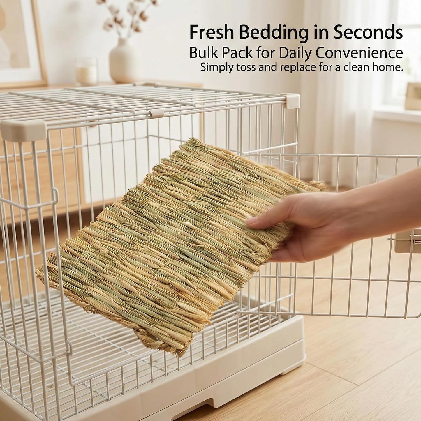 Natural woven grass mat placed inside small pet cage